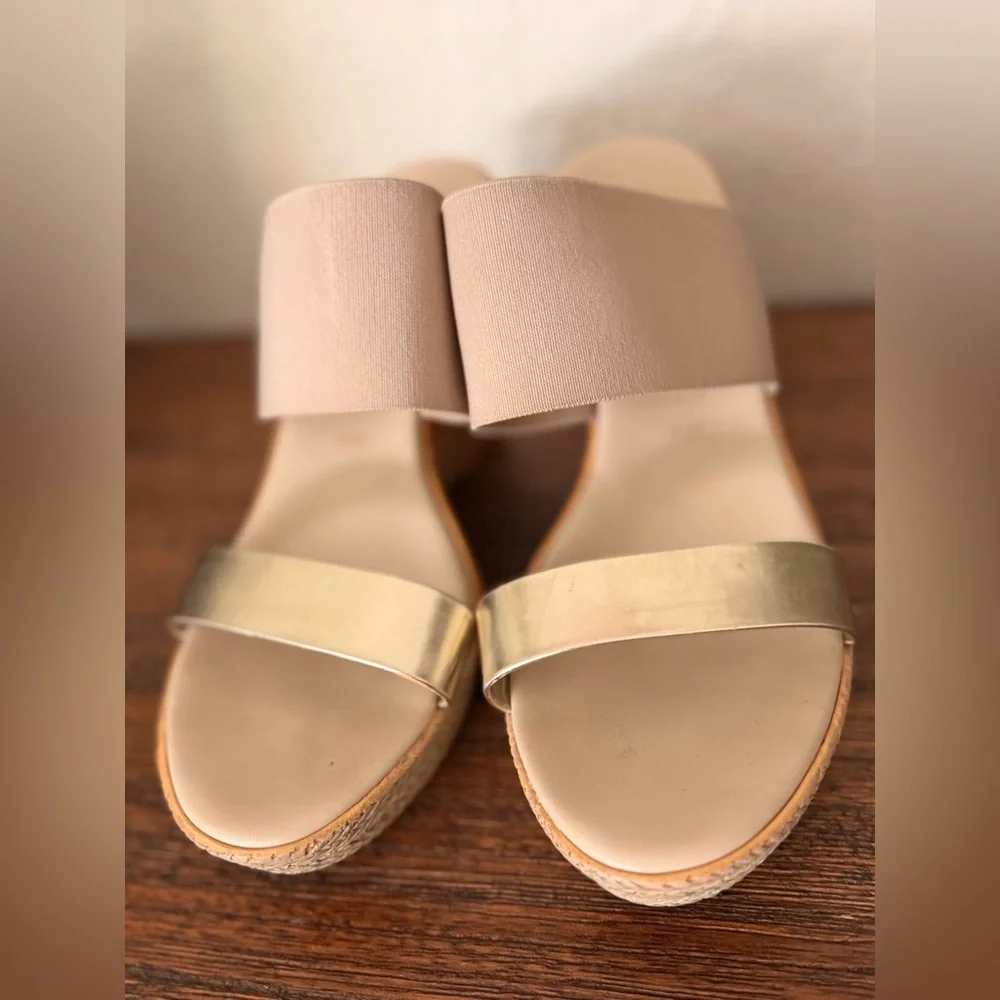 Contesa sandals, a beige fabric & golden wedges made in Italy Sz10